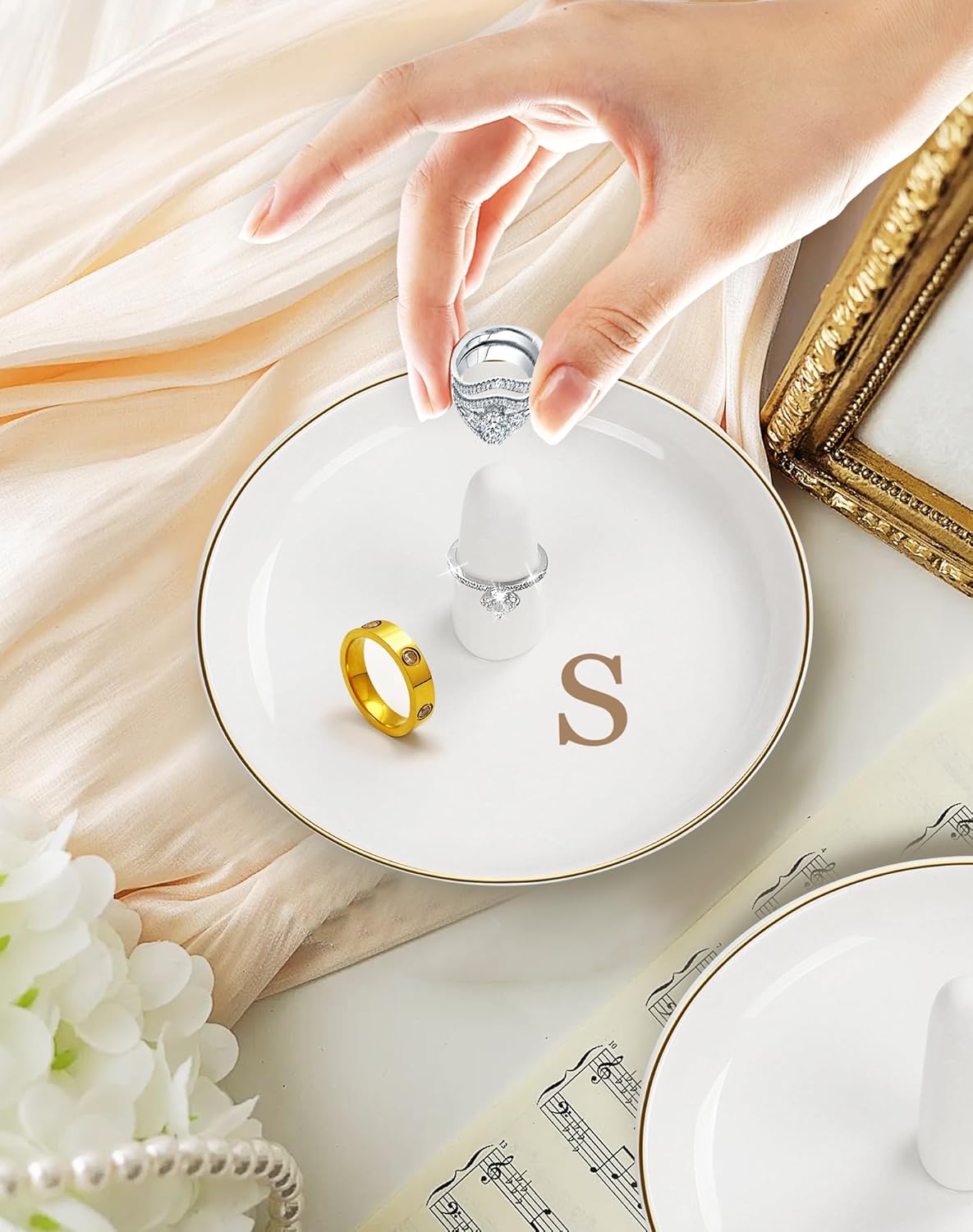 Ceramic Ring Holder Dish - Monogrammed Jewery Tray Ring Dish Jewelry Holder Dish Room Decor, Personalized Engagement Wedding Gift Birthday Christmas Gifts for Women - Initial J
