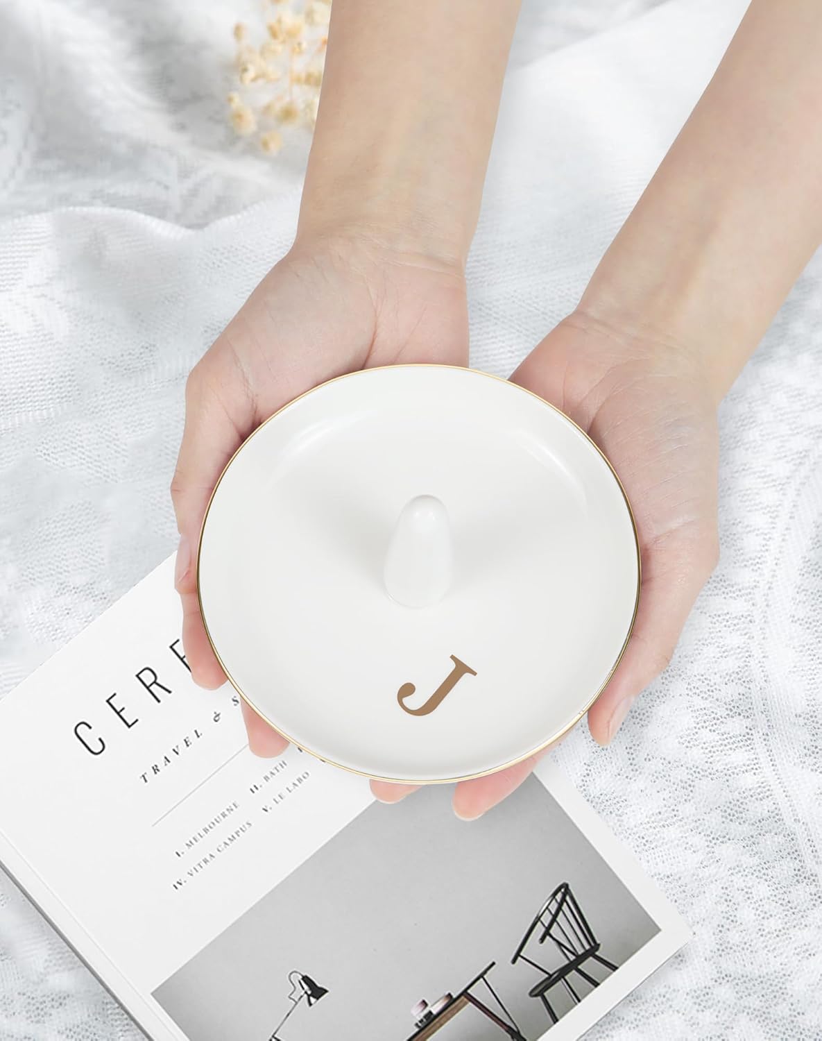 Ceramic Ring Holder Dish - Monogrammed Jewery Tray Ring Dish Jewelry Holder Dish Room Decor, Personalized Engagement Wedding Gift Birthday Christmas Gifts for Women - Initial J